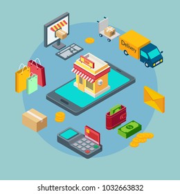 Online shopping. Purchase, payment and delivery 3d vector infographics
