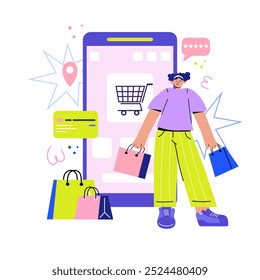 Online shopping, Purchase via mobile app, digital marketing online, Online payment. Flat vector.