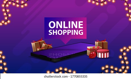 Online shopping, purple banner with large title, presents boxes lying around of smartphone, and garland frame