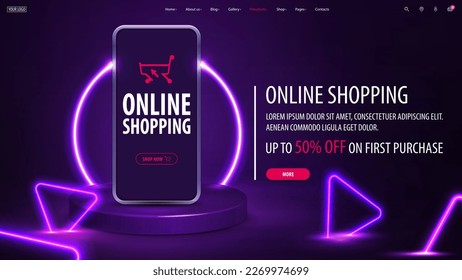 Online shopping, purple discount banner with offer and smartphone on purple podium with line neon ring on background and neon purple triangles around.