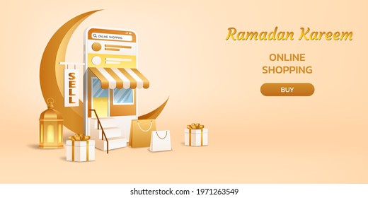 Online shopping Ramadan Kareem background by smartphone, 3d mobile with chat message, gift box, golden crescent moon and lantern light lamp, Vector illustration