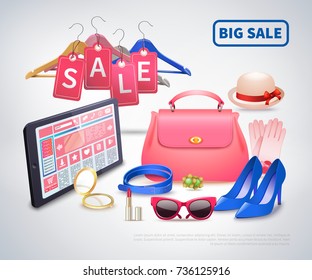 Online shopping realistic composition of flat female accessories images and tablet with online store application and text vector illustration