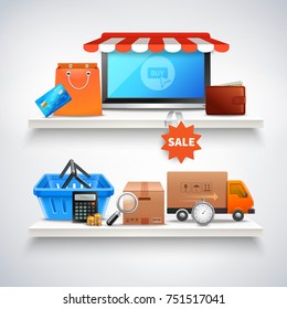 Online shopping realistic composition with two shelves and various conceptual images of items for sale vector illustration