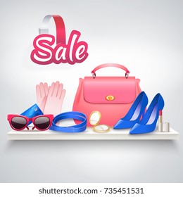 Online shopping realistic composition with various female accessories sun goggles high heel shoes and vanity bag vector illustration