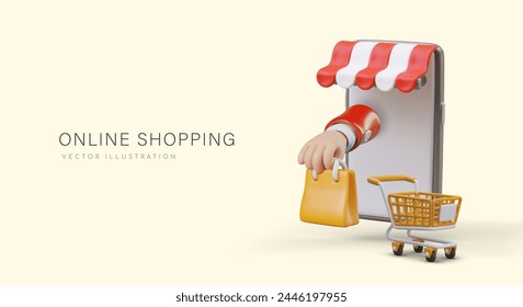 Online shopping. Realistic hand with gift package sticking out from smartphone screen