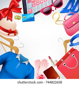 Online shopping realistic images background composition with empty place surrounded by flat images of feminine accessories vector illustration