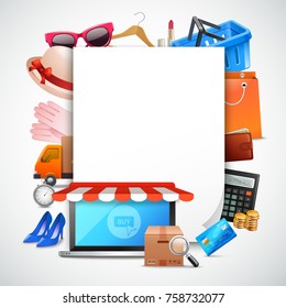 Online shopping realistic images composition with piece of paper surrounded by various items on sale vector illustration