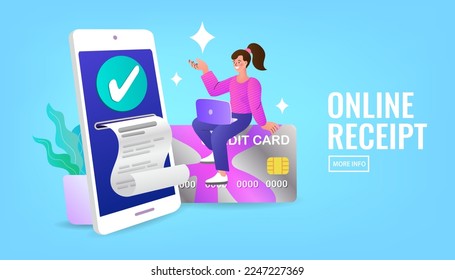 Online shopping. Receipt for smartphone screen. bill payment with credit card and financial. online payment credit card. pay money with mobile phone banking. Easy e bill payment. Vector illustration