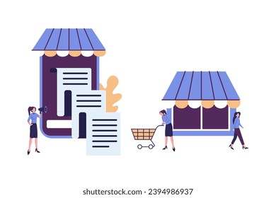 compra en línea, recepción de un cheque por teléfono, concepto de negocio, tienda en línea, compra y venta de ilustración de vector plano