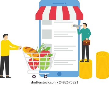 online shopping, receiving checks by phone, business concept, online shop, buying and selling, delivery of goods, promos in online stores, app advertising, vector illustration in flat style.