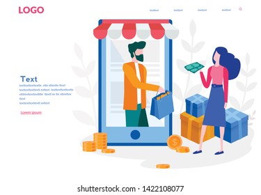 Online shopping, receiving a stuff through the phone. online store, buying and selling, online payment, mobile app open on a smartphone screen, e-commerce. Safety payment vector illustration for web