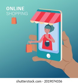 Online shopping, receiving a stuff through the phone. online store, buying and selling, online payment, mobile app open on a smartphone screen, e-commerce. Safety payment vector illustration for web