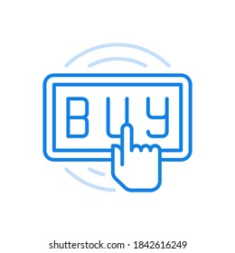 Online shopping registration vector line icon. Marketing payment custom estore application. Finger presses buy button. Sales commercial technologies and successful marketing advertising.
