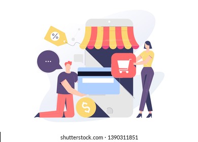 Online shopping related, vector illustration concept for application and website development. The illustration contains business people, employees, clients, men and woman characters.