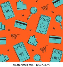 Online shopping and retail business icons background. For store sales decoration. Thin line flat objects.