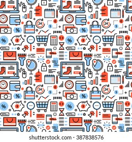 Online Shopping And Retail Business Icons Square Seamless Pattern. For Store Sales Decoration. Thin Line Art Flat Objects Texture Illustration.