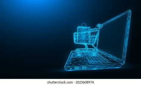 Online shopping, retail and ecommerce. Polygonal illustration of a laptop and a shopping cart on a blue background. Ecommerce store concept.