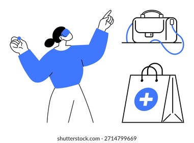 Compras on-line, serviços de varejo, comércio eletrônico, suprimentos médicos, organização, acessibilidade aos cuidados de saúde. Uma mulher apontando ao lado de uma pasta e uma sacola médica. Compras e varejo on-line