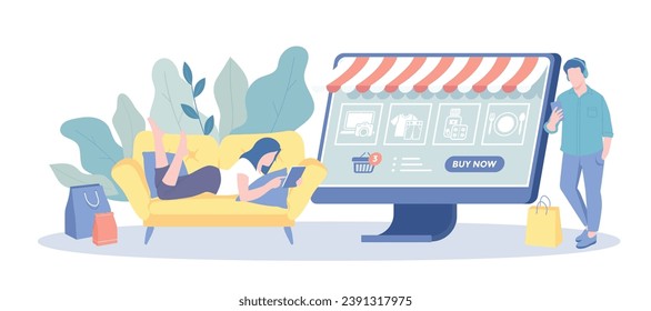 Online Shopping Retail. Shop in a mobile app, internet store, digital marketplace. People order goods, clothes, medicines online. Vector illustration with character situation for web.	
