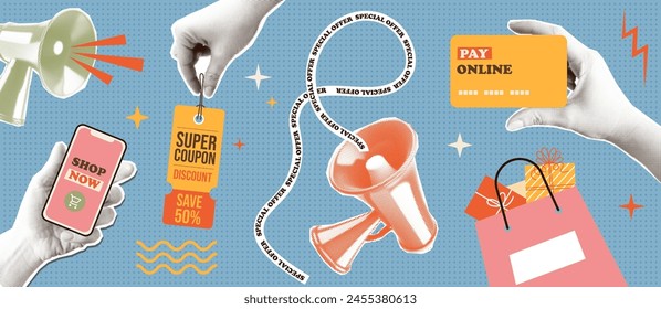 Online shopping Retro halftone style collage set. Trendy art cutout hands holding phone, label, credit card. Megaphone. Mixed media 90s style stages of e-commerce. Vector illustration