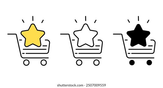 Conjunto de iconos de reseñas de compras en línea. Carrito de compras y estrellas de fondo aislado. Icono de silueta de rango Cliente, Ilustración vectorial.