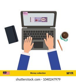 Online shopping.  Ringgit banknote. E-commerce platform concept vector illustration.
