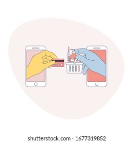 Online shopping in rubber gloves. Anti virus shopping. Hands holding shopping basket and credit card. Digital illustration. Store application