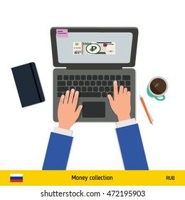 Online shopping. Russian Ruble banknote. E-commerce platform concept vector illustration.