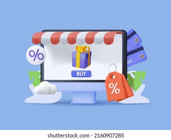 Online shopping Sale banner or Promotion on blue background. 3D icons, signs, symbols. Digital marketing and online marketing. 3D Web Vector Illustrations. Shopping store interface, credit cards, shop