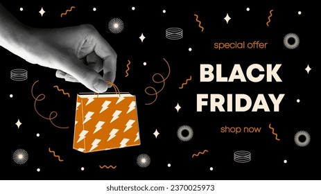 Online shopping or online sale concept banner. Vector illustration with hand holding paper bag. Creative collage with paper cut elements for decoration sale events.