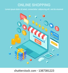 Online shopping , sale concept. Buy in retail shop by internet. 3d isometric computer, laptop with money, credit card, customer review, feedback, gift box, surprise. Vector design for web banner