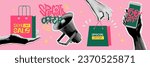 Online shopping or online sale concept collage elements set. Paper torn out stickers with loudspeaker, hand holding phone, paper bag. Creative collage with papercut elements for decoration sale event.