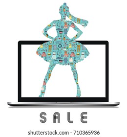 Online Shopping and Sale Concept. Isolated Laptop with Hand Drawn Doodle on white Background and Text. Women Clothes and Accessories. 