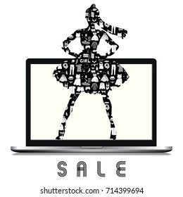 Online Shopping and Sale Concept. Isolated Laptop with Hand Drawn Doodle on white Background and Text. Women Clothes and Accessories. 