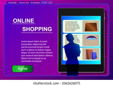 Online Shopping. Sale, consumerism and people concept. A woman in an online store using a tablet selects products. Vector Illustration