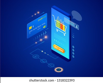 Online shopping, Sale, Consumerism and Online store. Isometric Smart smartphone online shopping template. Mobile marketing and e-commerce. Vector illustration