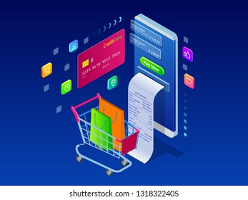 Online shopping, Sale, Consumerism and Online store. Isometric Smart smartphone online shopping template. Mobile marketing and e-commerce. Vector illustration