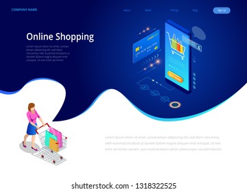 Online shopping, Sale, Consumerism and Online store. Isometric Smart smartphone online shopping template. Mobile marketing and e-commerce. Vector illustration