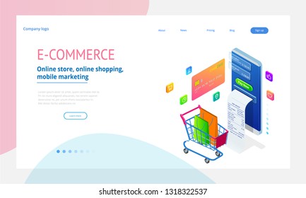 Online shopping, Sale, Consumerism and Online store. Isometric Smart smartphone online shopping template. Mobile marketing and e-commerce. Vector illustration