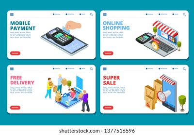 Online shopping, sale, delivery isometric vector landing page templates