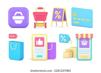 Online shopping sale discount contactless payment smartphone application set 3d icon realistic vector illustration. Internet order purchase retail commercial marketing supermarket trolley clearance