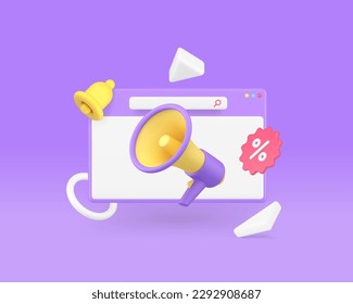 Online shopping sale discount email marketing announce advertising megaphone browser 3d icon realistic vector illustration. Internet shop store special offer promo ad cyberspace media message