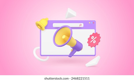 Online shopping sale discount email marketing announce advertising megaphone browser 3d icon realistic vector illustration. Internet shop store special offer promo ad cyberspace media message