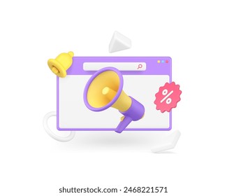 Venta en línea descuento email marketing anunciar publicidad megáfono navegador 3d icono Ilustración vectorial realista. Oferta especial de tienda de internet promociones y mensajes multimedia del ciberespacio