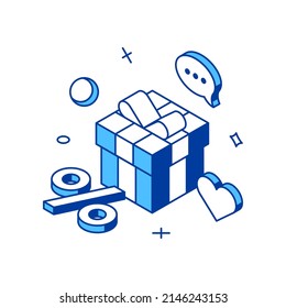 Online shopping sale discount gift box promotion digital store marketing 3d icon isometric vector illustration. Internet purchasing special offer black friday retail advertisement cyberspace business