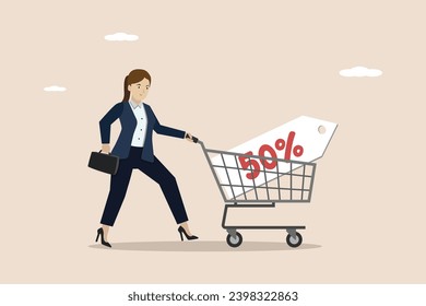 Online shopping sale discount, promotion, e-commerce marketing concept or sale price tag, young woman with shopping cart trolley 50 percent off price tag.