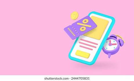 Online shopping sale discount smartphone app reminder banner copy space 3d icon realistic vector illustration. Retail shop store marketplace market supermarket clearance internet alert notification