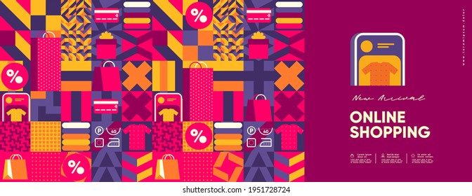 Online shopping and sale. Flat vector illustration. Minimalistic background illustrations for sales, advertisements, coupons. Geometric pattern of store symbols and icons. Banner, poster, flyer.