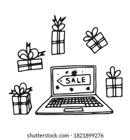 Online shopping, sale.  Laptop.  There are gift boxes around.  Vector illustration in doodle outline style.