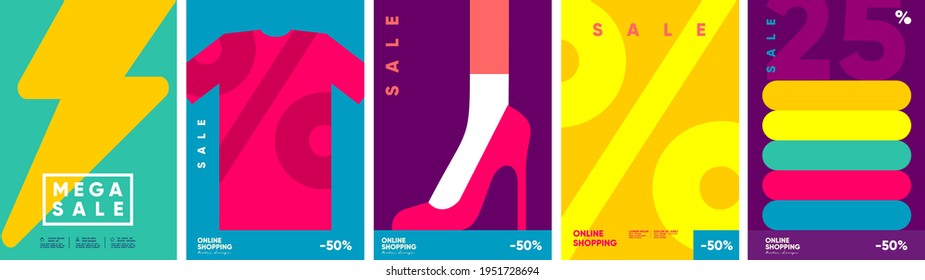 Online shopping and sale. Set of flat vector illustrations. Minimalistic background illustrations for sales, advertisements, coupons. Banner, poster, flyer.